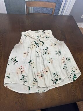 Lucky Brand Cream Blouse with Green and Pink Floral Accents